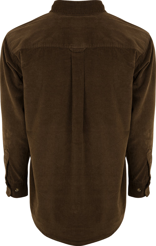 Country Corduroy Shirt, a brown corduroy top with two front chest pockets and a button-down collar. Made from 100% cotton eight-wale corduroy fabric, perfect for work and field use.