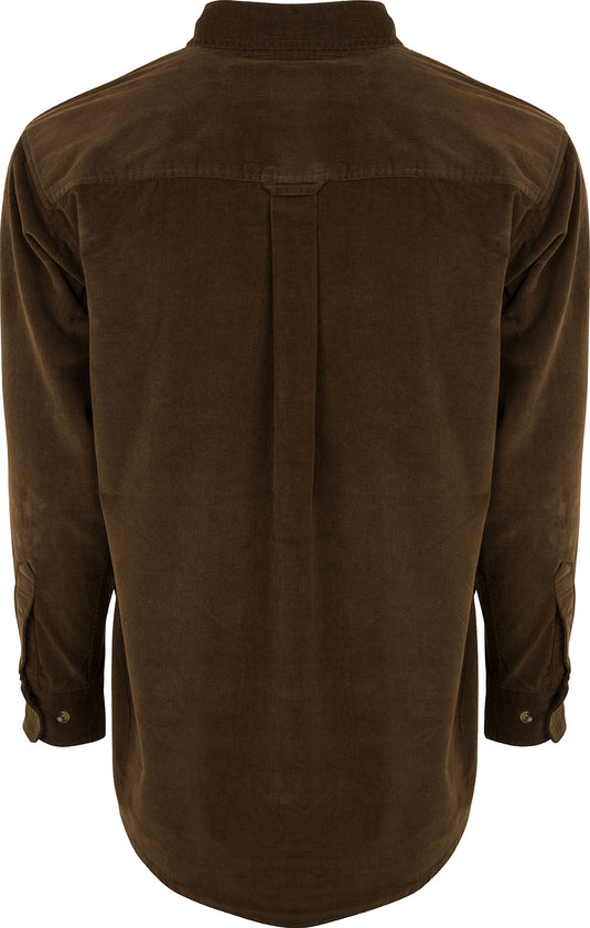 Country Corduroy Shirt, a brown corduroy top with two front chest pockets and a button-down collar. Made from 100% cotton eight-wale corduroy fabric, perfect for work and field use.