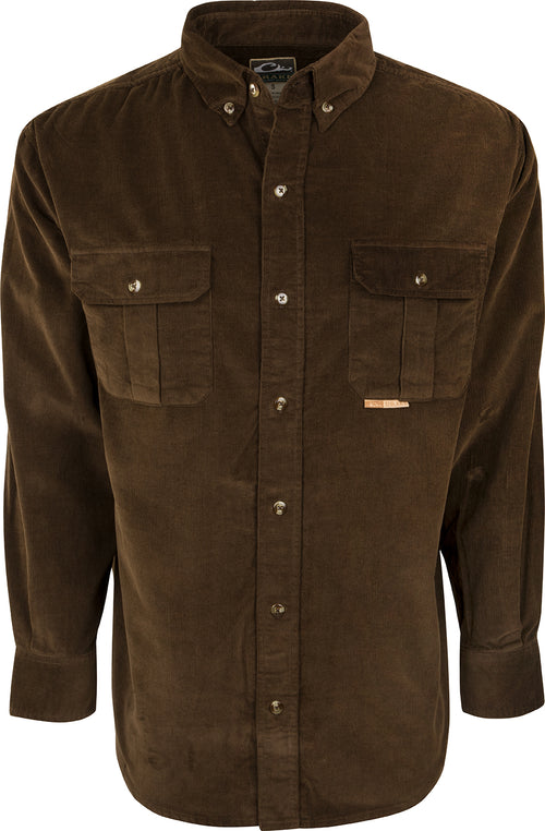 Country Corduroy Shirt: A brown shirt with buttons, made from 100% cotton corduroy fabric. Features two front chest pockets with button flap closure, seven button front, and a button-down collar. Perfect for work and field use.