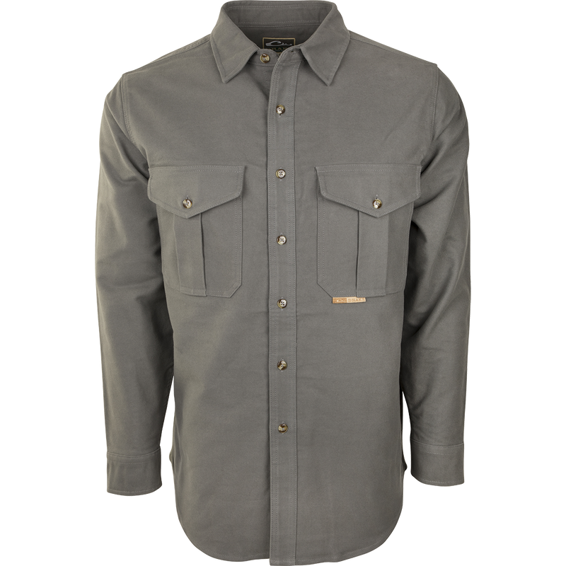 Classic Moleskin Shirt's button-up collar and front pockets, made from heavyweight 100% cotton moleskin fabric.