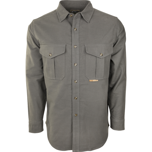 Classic Moleskin Shirt's button-up collar and front pockets, made from heavyweight 100% cotton moleskin fabric.