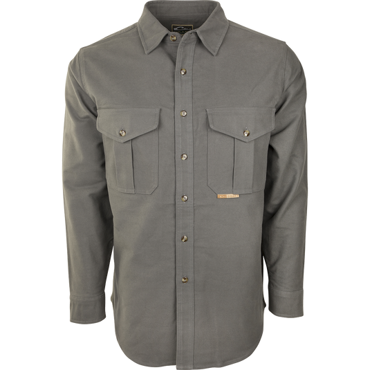 Classic Moleskin Shirt's button-up collar and front pockets, made from heavyweight 100% cotton moleskin fabric.