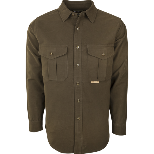 Classic Moleskin Shirt's button-up collar and front pockets, made from heavyweight 100% cotton moleskin fabric.