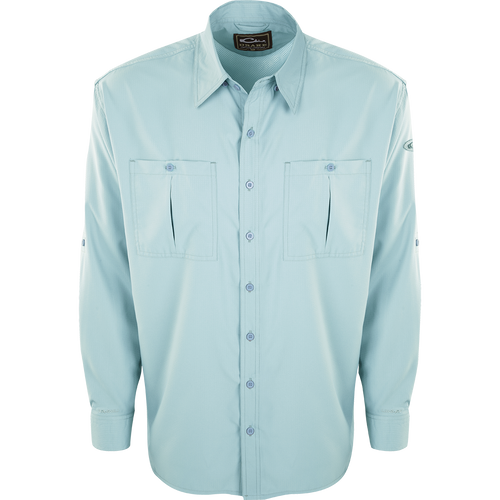 A light blue button-up Flyweight Shirt with vented back and horizontal chest pockets, made of ultra-lightweight polyester for warm-weather outdoor activities. Quick-drying, moisture-wicking, and breathable with Sol-Shield™ UPF 50+ sun protection.