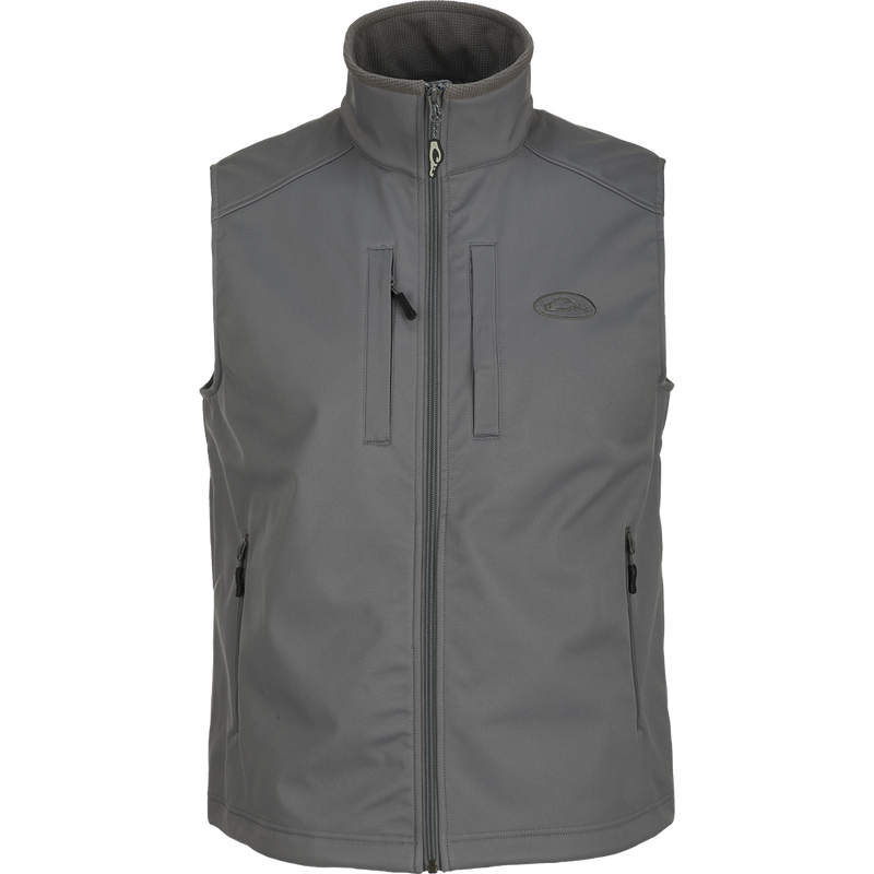 Windproof Soft Shell Vest with zipper pockets and adjustable fit.