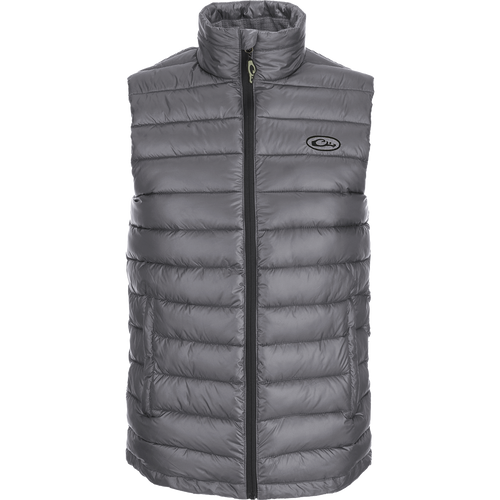 Solid Double-Down Vest with synthetic down insulation, YKK zippered pockets, and drawcord waist. Stay warm and stylish on the go!