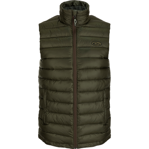 Solid Double-Down Vest with synthetic down insulation and YKK zippered pockets. Stay warm and stylish on the go!