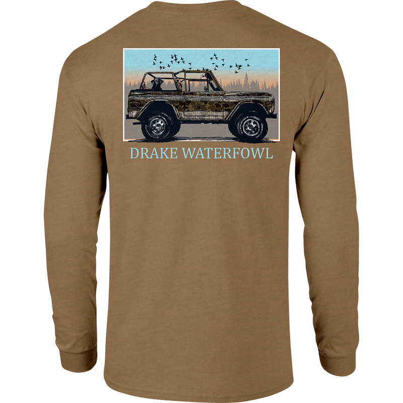 A long sleeved shirt featuring a car and birds in flight, part of the Old School Ride Along Long Sleeve T-Shirt collection from Purewhitelaneshop.