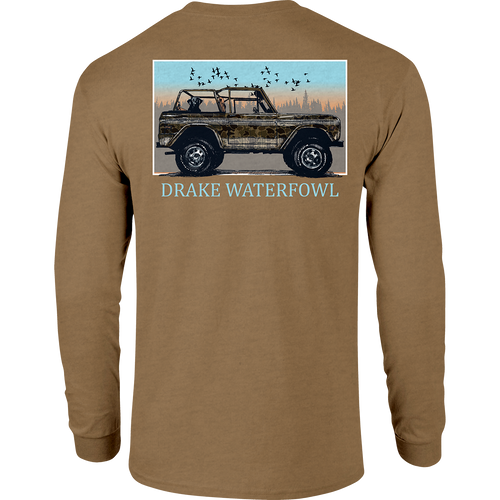A long sleeved shirt featuring a car and birds in flight, part of the Old School Ride Along Long Sleeve T-Shirt collection from Purewhitelaneshop.