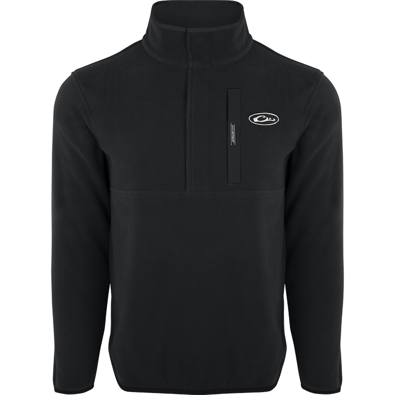 A black Camp Fleece Pullover 2.0 with logo, perfect for layering. Lightweight, breathable, and moisture-wicking. Ideal for Spring or Fall outfits.