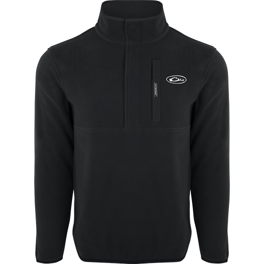 A black Camp Fleece Pullover 2.0 with logo, perfect for layering. Lightweight, breathable, and moisture-wicking. Ideal for Spring or Fall outfits.