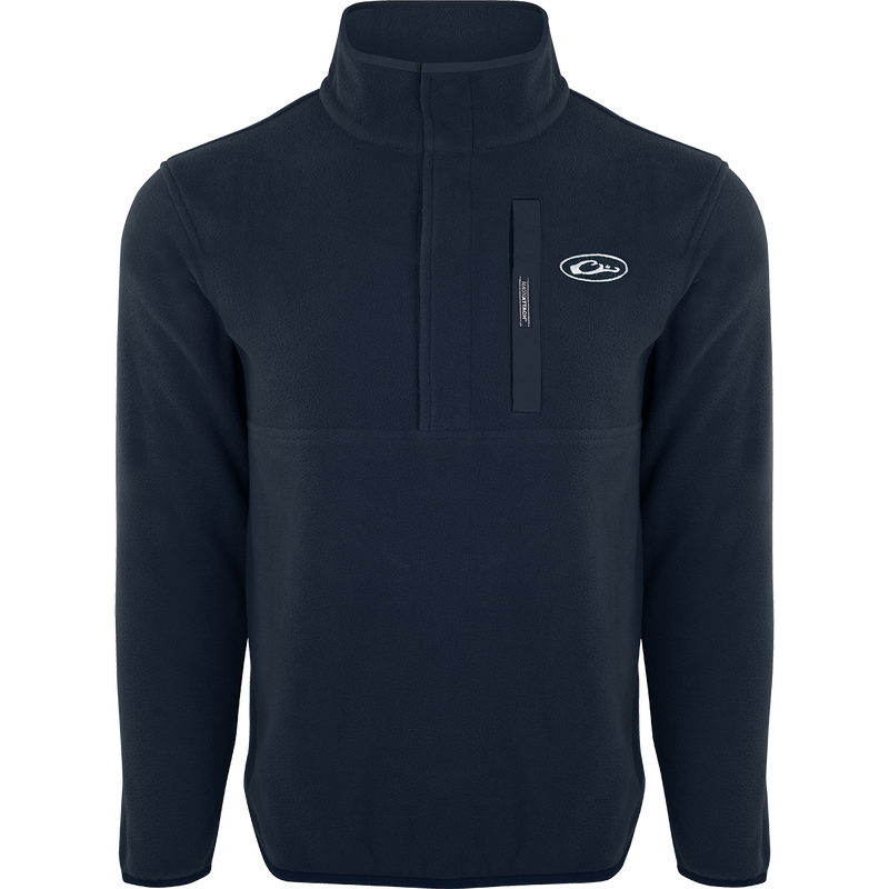 Camp Fleece Pullover 2.0: A black jacket with a white logo, perfect for layering. Lightweight, breathable, and moisture-wicking, ideal for Spring or Fall outfits. Neck snap closure, anti-pill treatment, and Magnattach™ chest pocket. High-quality hunting gear from Purewhitelaneshop.