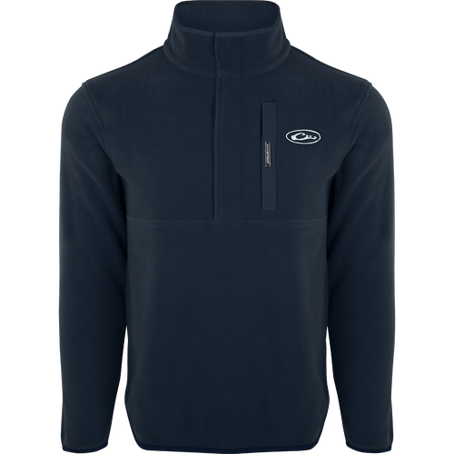 Camp Fleece Pullover 2.0: A black jacket with a white logo, perfect for layering. Lightweight, breathable, and moisture-wicking, ideal for Spring or Fall outfits. Neck snap closure, anti-pill treatment, and Magnattach™ chest pocket. High-quality hunting gear from Purewhitelaneshop.
