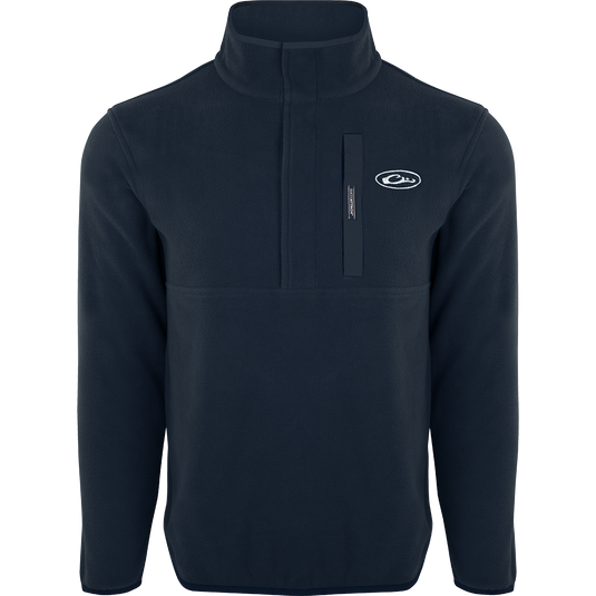 Camp Fleece Pullover 2.0: A black jacket with a white logo, perfect for layering. Lightweight, breathable, and moisture-wicking, ideal for Spring or Fall outfits. Neck snap closure, anti-pill treatment, and Magnattach™ chest pocket. High-quality hunting gear from Purewhitelaneshop.