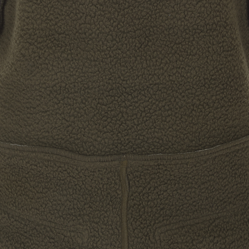 MST Ultimate Wader Bib: A close-up of a khaki jacket with a zipper and fleece lining. Features include slash handwarmer pockets and articulated knees for ease of movement.