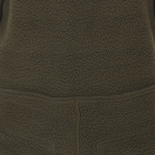 MST Ultimate Wader Bib: A close-up of a khaki jacket with a zipper and fleece lining. Features include slash handwarmer pockets and articulated knees for ease of movement.