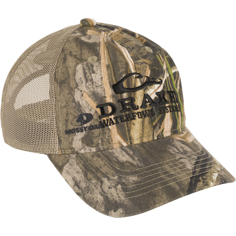 Mesh Back Camo Cap with logo, a lightweight cotton and mesh construction for breathability and comfort. Semi-structured mesh-back panels blend seamlessly with lightly structured front panels. Adjustable fit with hook and loop closure. Purewhitelaneshop store.