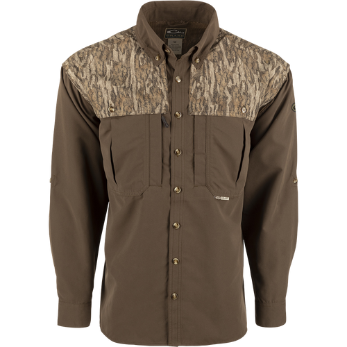 A lightweight, breathable Wingshooter's Shirt with a camouflage design. Features include vents, mesh lining, and button tabs on sleeves. Perfect for hunting and shooting activities.