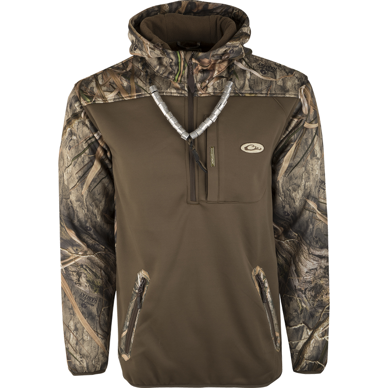 MST Endurance Soft Shell Hoodie with Magnattach™ vertical pocket, lower pockets with zippers, and mesh-lined sleeves for mobility. Deep quarter-zip neck, elastic waist, and fleece-lined hood with drawstring.