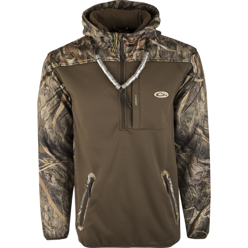 MST Endurance Soft Shell Hoodie with Magnattach™ vertical pocket, lower pockets with zippers, and mesh-lined sleeves for mobility. Deep quarter-zip neck, elastic waist, and fleece-lined hood with drawstring.