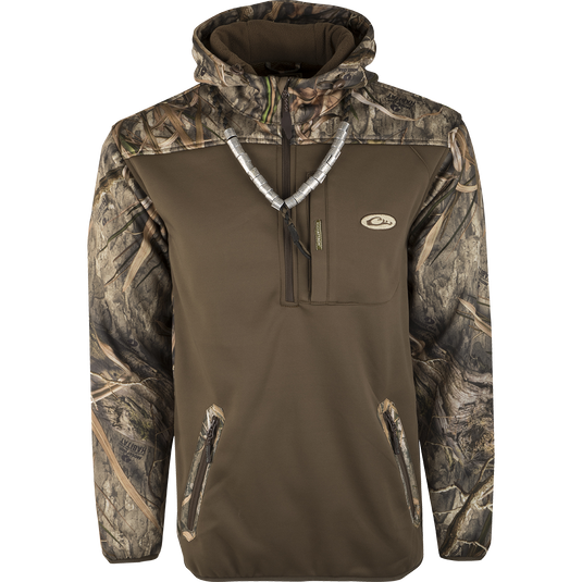 MST Endurance Soft Shell Hoodie with Magnattach™ vertical pocket, lower pockets with zippers, and mesh-lined sleeves for mobility. Deep quarter-zip neck, elastic waist, and fleece-lined hood with drawstring.