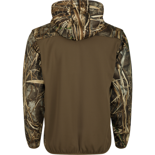 MST Endurance Soft Shell Hoodie: A camouflage jacket with a quarter-zip neck, fleece-lined hood, and lower zipped pockets. Mesh-lined sleeves for mobility.
