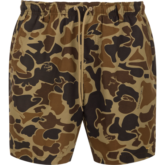 Dock Short 6" - old school camo swim trunks with elastic waist, drawstring, and multiple pockets. Made from durable nylon/spandex blend with quick-drying, water-resistant finish. Perfect for outdoor activities.
