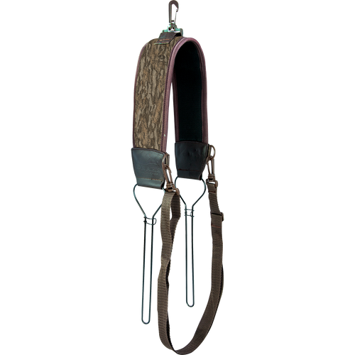 Over the Shoulder Metal Loop Game Tote with neoprene padded shoulder strap, featuring two metal wire loops with safety clips and an adjustable waist strap for hands-free carrying.