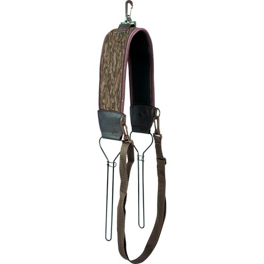 Over the Shoulder Metal Loop Game Tote with neoprene padded shoulder strap, featuring two metal wire loops with safety clips and an adjustable waist strap for hands-free carrying.