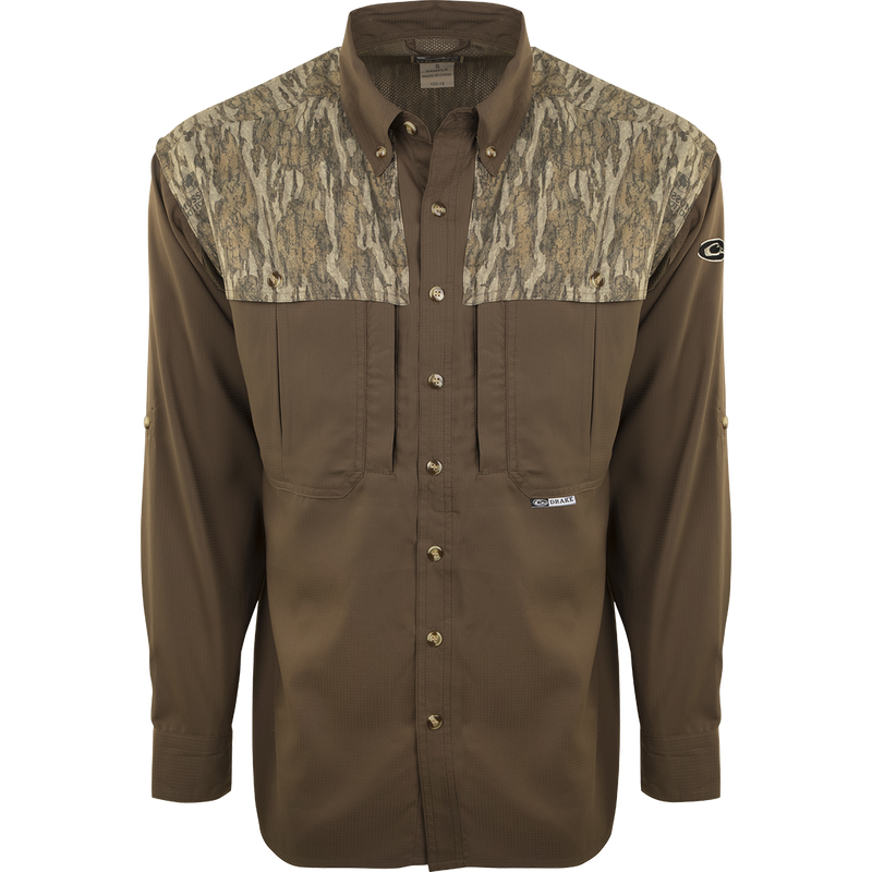 A long sleeved shirt with a camouflage design, perfect for early season hunting. Made of ultra-lightweight polyester fabric with UPF 50+ sun protection. Features include back heat vents, mesh side panels, and multiple chest pockets. The EST Two-Tone Camo Flyweight Wingshooter's Shirt L/S.