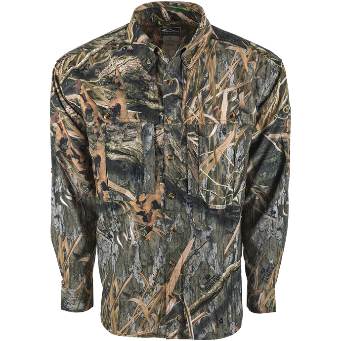 EST Camo Flyweight Wingshooter's Shirt: A lightweight, breathable hunting shirt with a camouflage pattern. Features include UPF 50+ sun protection, vented mesh back, and multiple chest pockets. Perfect for early season hunting.