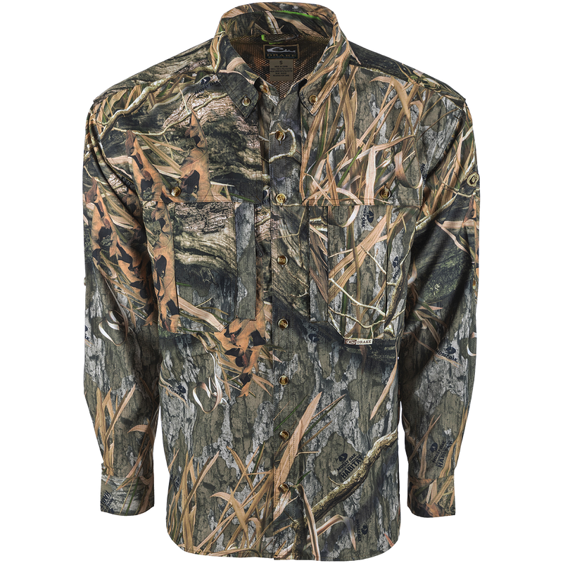 EST Camo Flyweight Wingshooter's Shirt: A lightweight, breathable hunting shirt with a camouflage pattern. Features include UPF 50+ sun protection, vented mesh back, and multiple chest pockets. Perfect for early season hunting.