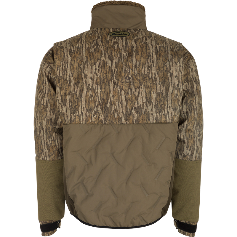 A waterproof and windproof jacket with a camouflage pattern, featuring 200g polyester synthetic double down insulation and abrasion-resistant matte finish. Stay warm and dry in the LST Guardian Flex Double Down Eqwader Full Zip.