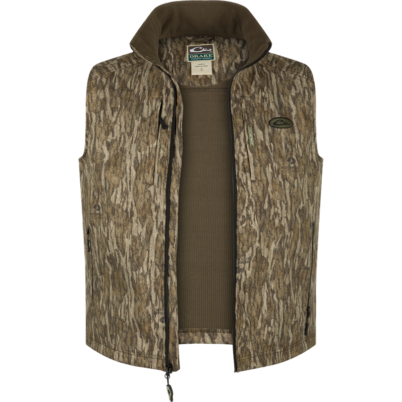 MST Windproof Softshell Vest with camouflage pattern, zippered pockets, and drawcord waist for a customizable fit. Expert-level functionality and superior comfort.