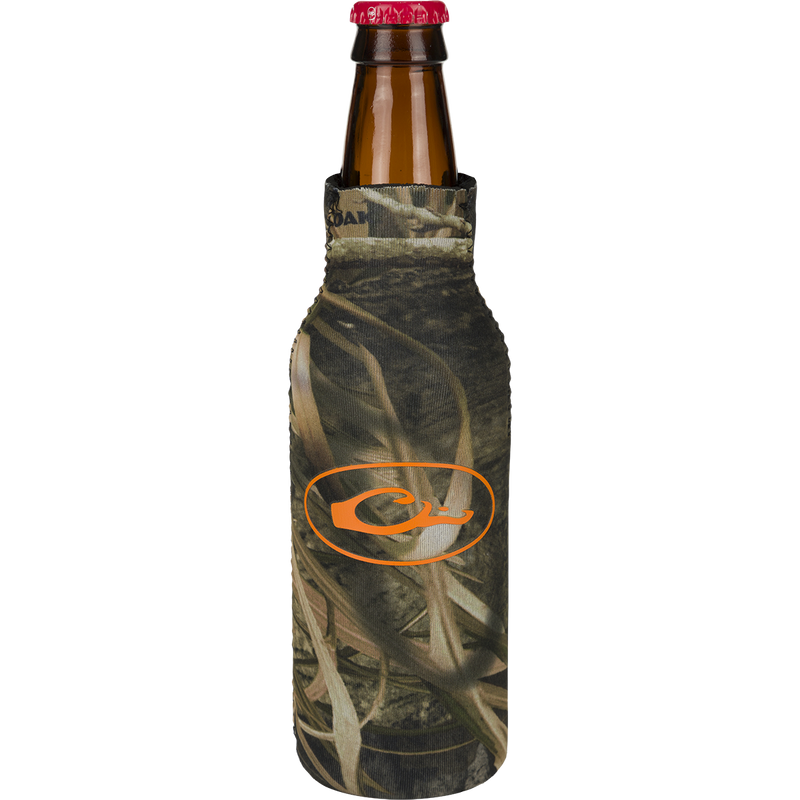 A Bottle Cooler featuring a camouflage cover and an orange logo with a leaf. It has a side zipper for a snug fit and a separate bottom piece to prevent tipping over. Keep your favorite bottled beverage cold and showcase your love for the outdoors with this Purewhitelaneshop product.