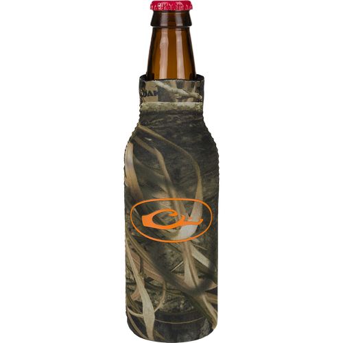 A Bottle Cooler featuring a camouflage cover and an orange logo with a leaf. It has a side zipper for a snug fit and a separate bottom piece to prevent tipping over. Keep your favorite bottled beverage cold and showcase your love for the outdoors with this Purewhitelaneshop product.