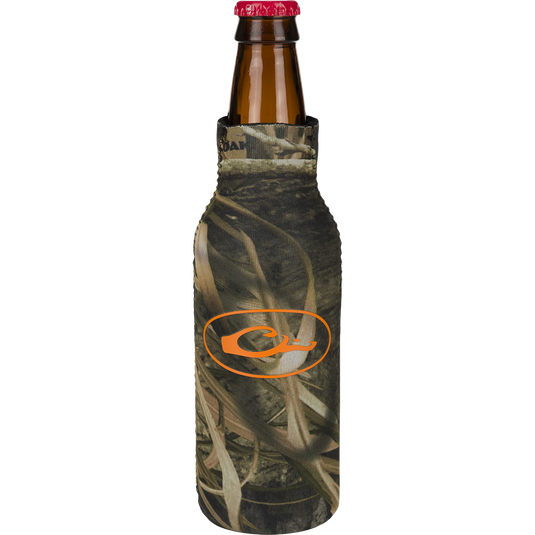 A Bottle Cooler featuring a camouflage cover and an orange logo with a leaf. It has a side zipper for a snug fit and a separate bottom piece to prevent tipping over. Keep your favorite bottled beverage cold and showcase your love for the outdoors with this Purewhitelaneshop product.
