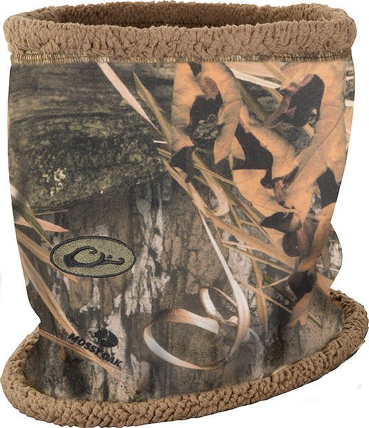 Close-up of Purewhitelaneshop's Sherpa Fleece Neck Gaiter, featuring a logo detail. Crafted with 100% polyester and Sherpa fleece lining for maximum warmth.