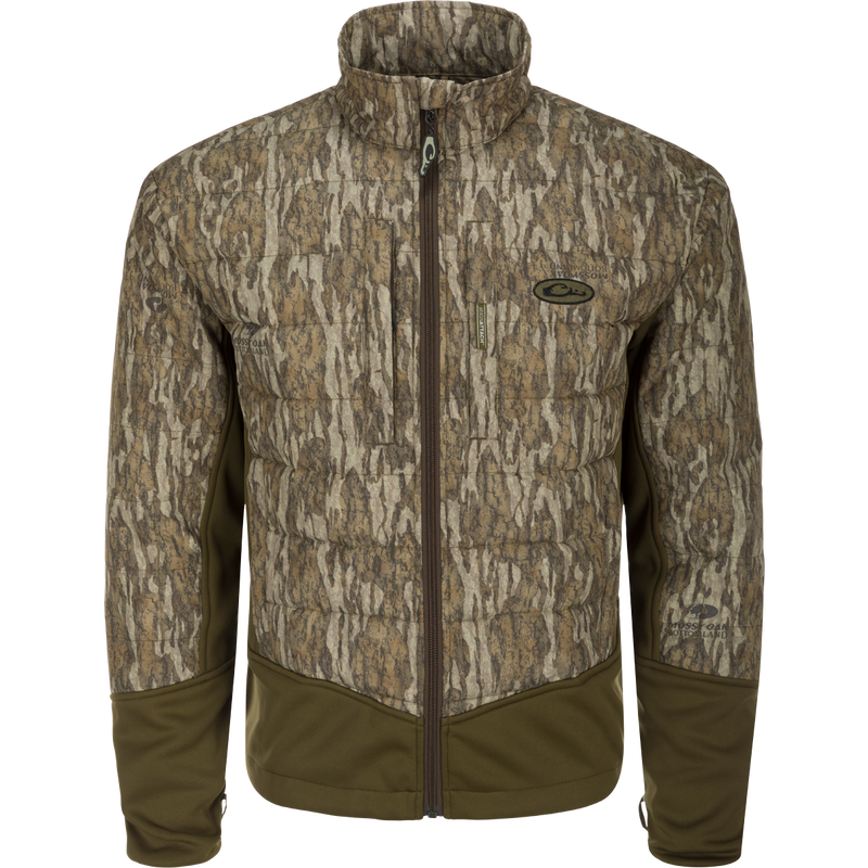 LST Double Down Endurance Hybrid Liner: A jacket with a tree pattern, featuring 160g of synthetic down insulation for warmth. Elastic cuffs, adjustable waist, and zippered pockets for convenience.