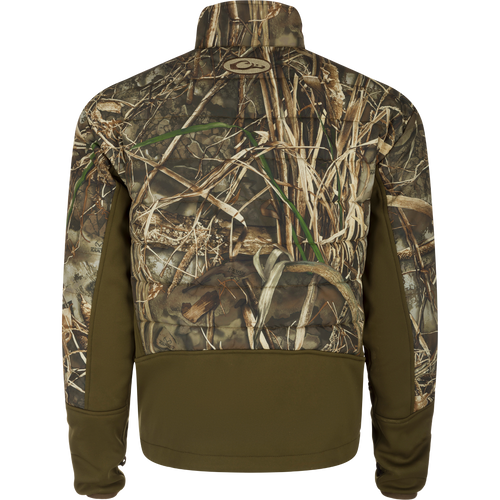 LST Double Down Endurance Hybrid Liner: A jacket with camouflage pattern, back view. Features 160g polyester synthetic down insulation, elasticated cuffs, and draw cord adjustable waist. Reverse coil zippers and zippered lower slash pockets for added protection.