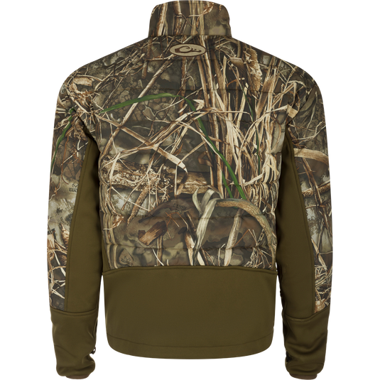 LST Double Down Endurance Hybrid Liner: A jacket with camouflage pattern, back view. Features 160g polyester synthetic down insulation, elasticated cuffs, and draw cord adjustable waist. Reverse coil zippers and zippered lower slash pockets for added protection.