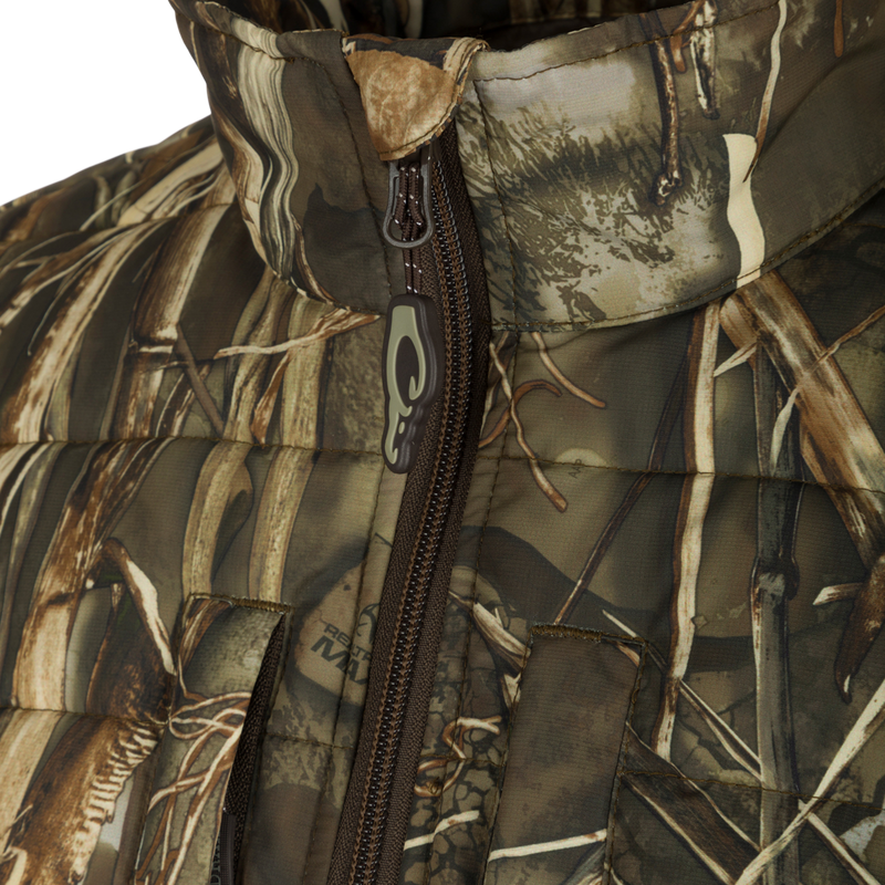 LST Double Down Endurance Hybrid Liner: Close-up of jacket with improved matte-finish fabric, elastic cuffs, and zippered pockets.