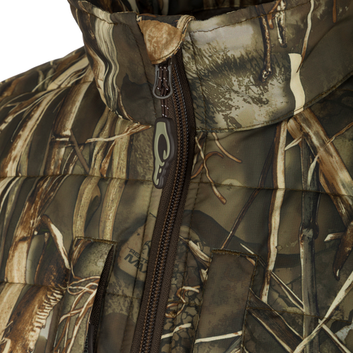 LST Double Down Endurance Hybrid Liner: Close-up of jacket with improved matte-finish fabric, elastic cuffs, and zippered pockets.