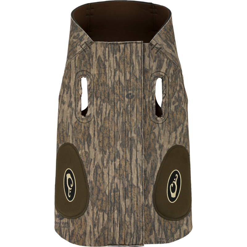 Drake Neoprene Dog Vest with camouflage design, customizable fit, reinforced protection, assist handles, and visible logo patch.