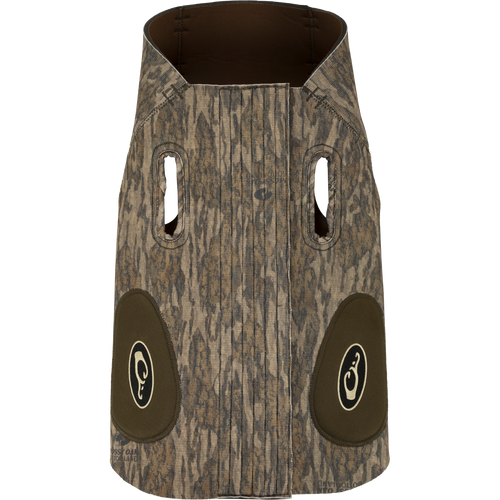 Drake Neoprene Dog Vest with camouflage design, customizable fit, reinforced protection, assist handles, and visible logo patch.