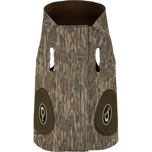 Drake Neoprene Dog Vest with camouflage design, customizable fit, reinforced protection, assist handles, and visible logo patch.