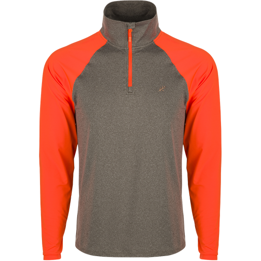 A versatile and comfortable McAlister EST 1/4 Zip Performance Upland Shirt, ideal for layering or wearing alone. Features 4-way stretch, moisture-wicking fabric, and antimicrobial treatment. Raglan sleeves and integrated thumb loops for increased range of motion. Hi-Vis Blaze Orange shoulders and arms.