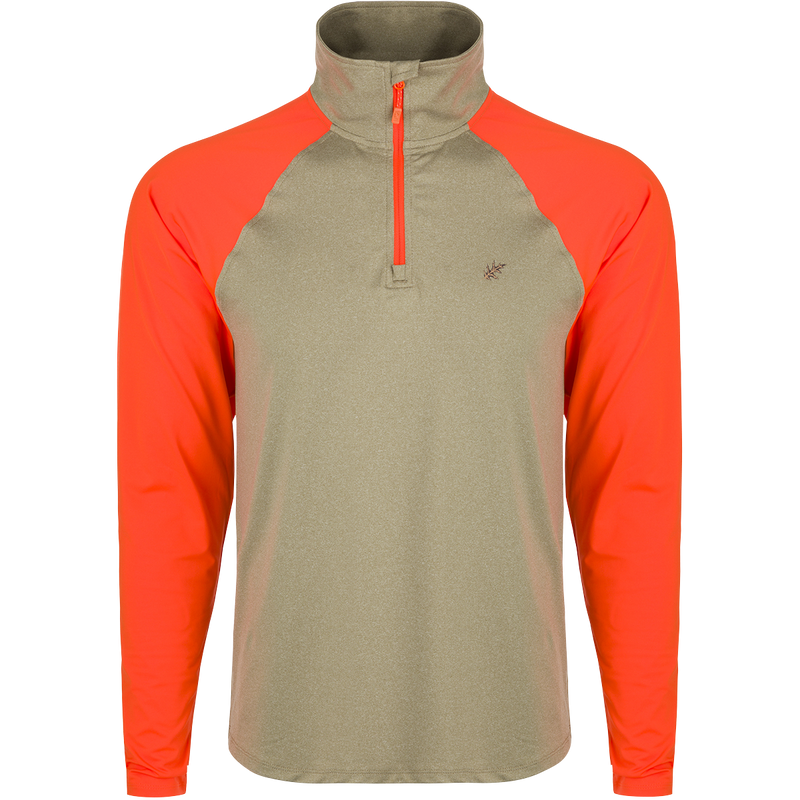 A versatile and comfortable McAlister EST 1/4 Zip Performance Upland Shirt. Features include 4-way stretch, raglan sleeves, YKK zipper, integrated thumb loops, and hi-vis blaze orange shoulders and arms. Ideal for layering or wearing alone.
