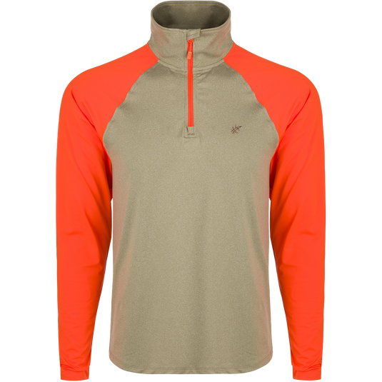 A versatile and comfortable McAlister EST 1/4 Zip Performance Upland Shirt. Features include 4-way stretch, raglan sleeves, YKK zipper, integrated thumb loops, and hi-vis blaze orange shoulders and arms. Ideal for layering or wearing alone.