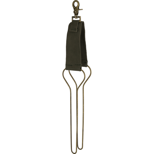 A close-up of McAlister Game Bird Totes lanyard with solid metal hardware and a brass clip.